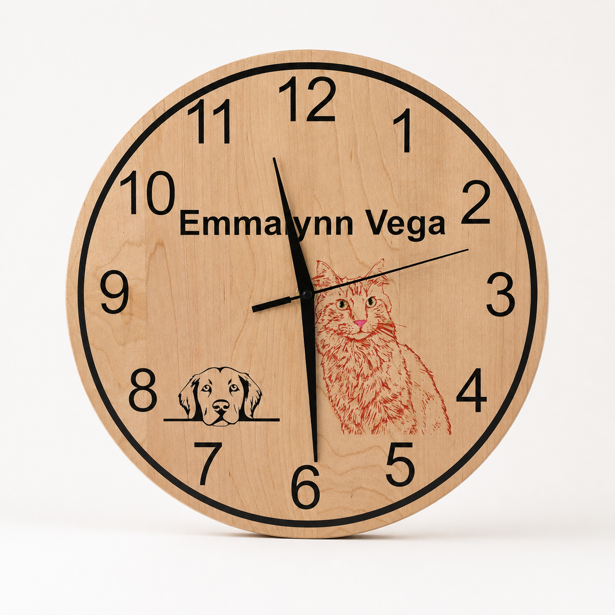 Personalized wooden clock with pet artwork by Vega Woodwork