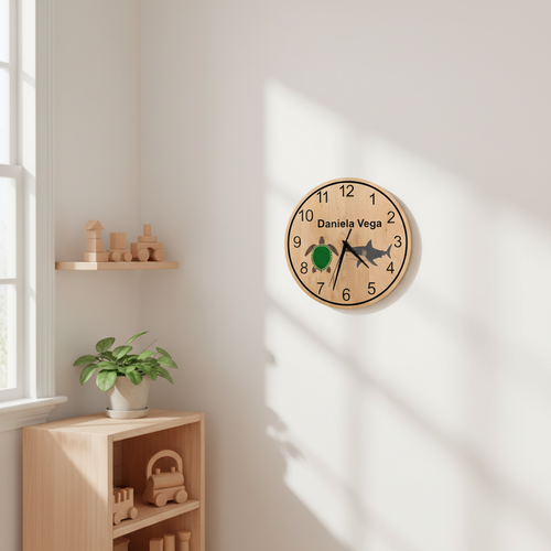 Personalized Daniela wooden clock staged on nursery wall by Vega Woodwork