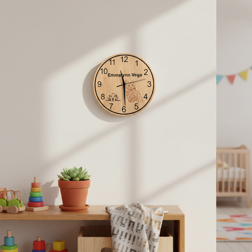 Personalized Emmalynn wooden clock staged on nursery wall by Vega Woodwork