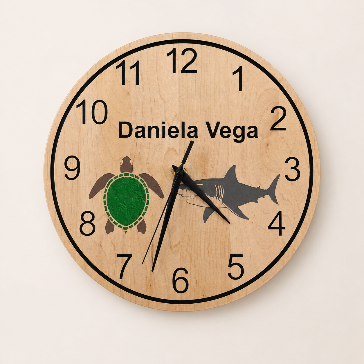 Personalized Daniela wooden clock with turtle and shark artwork by Vega Woodwork