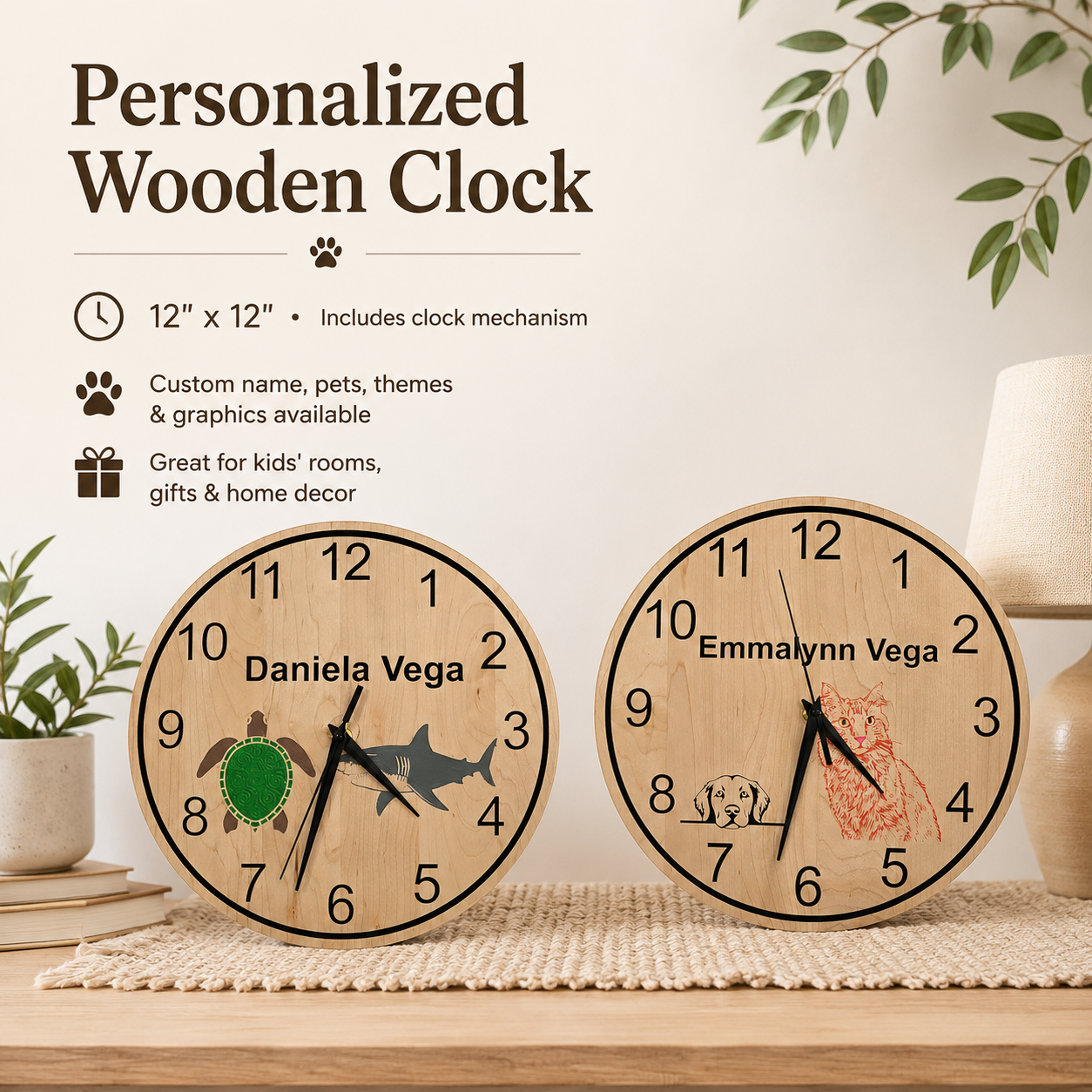 Personalized wooden clocks in cozy home decor scene by Vega Woodwork
