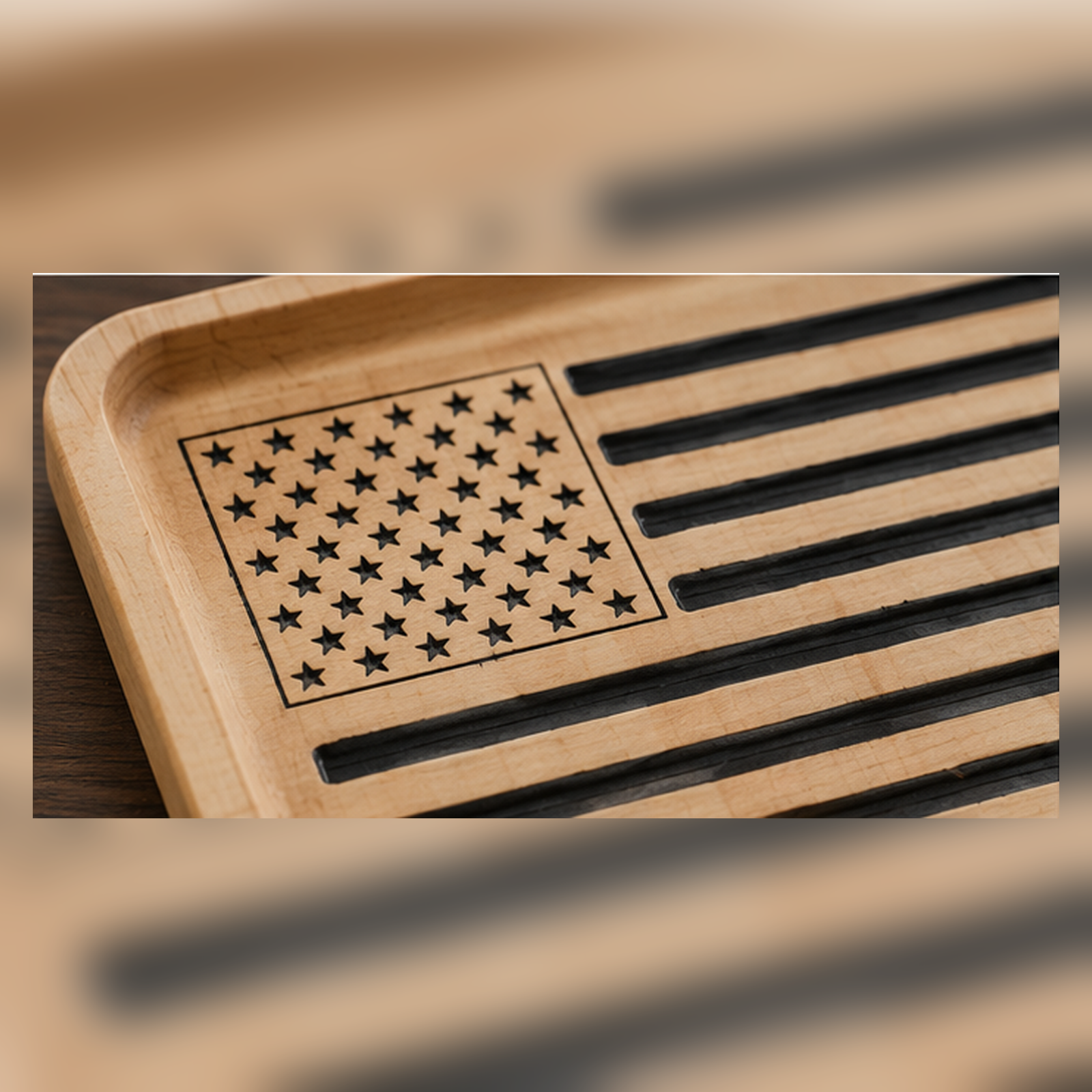 Uncropped close-up detail photo of patriotic wooden American flag valet tray by Vega Woodwork