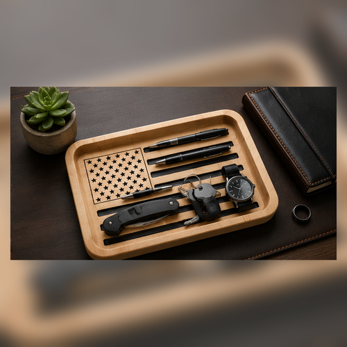 Uncropped EDC desk lifestyle photo of patriotic wooden American flag valet tray by Vega Woodwork