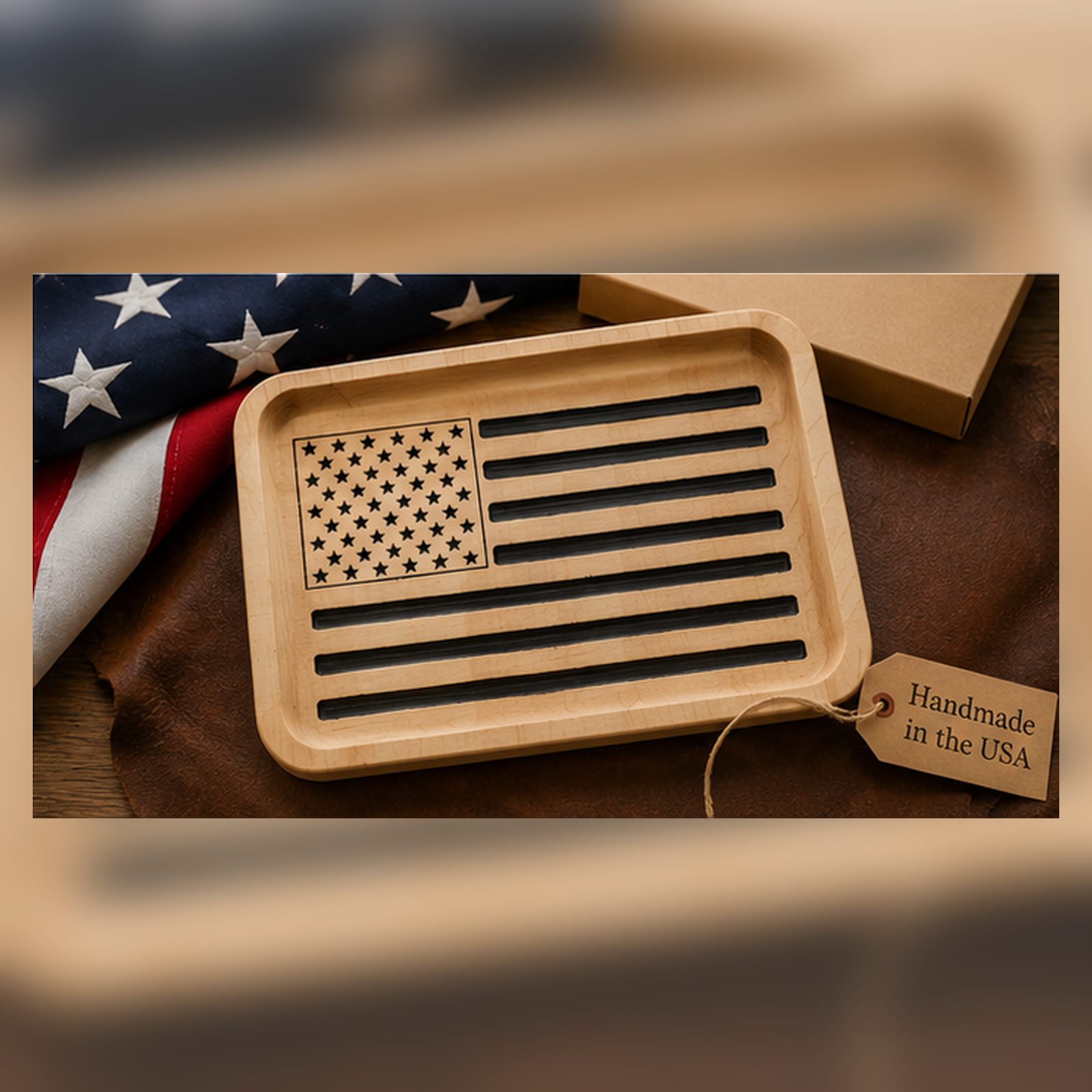 Uncropped gift scene photo of patriotic wooden American flag valet tray by Vega Woodwork