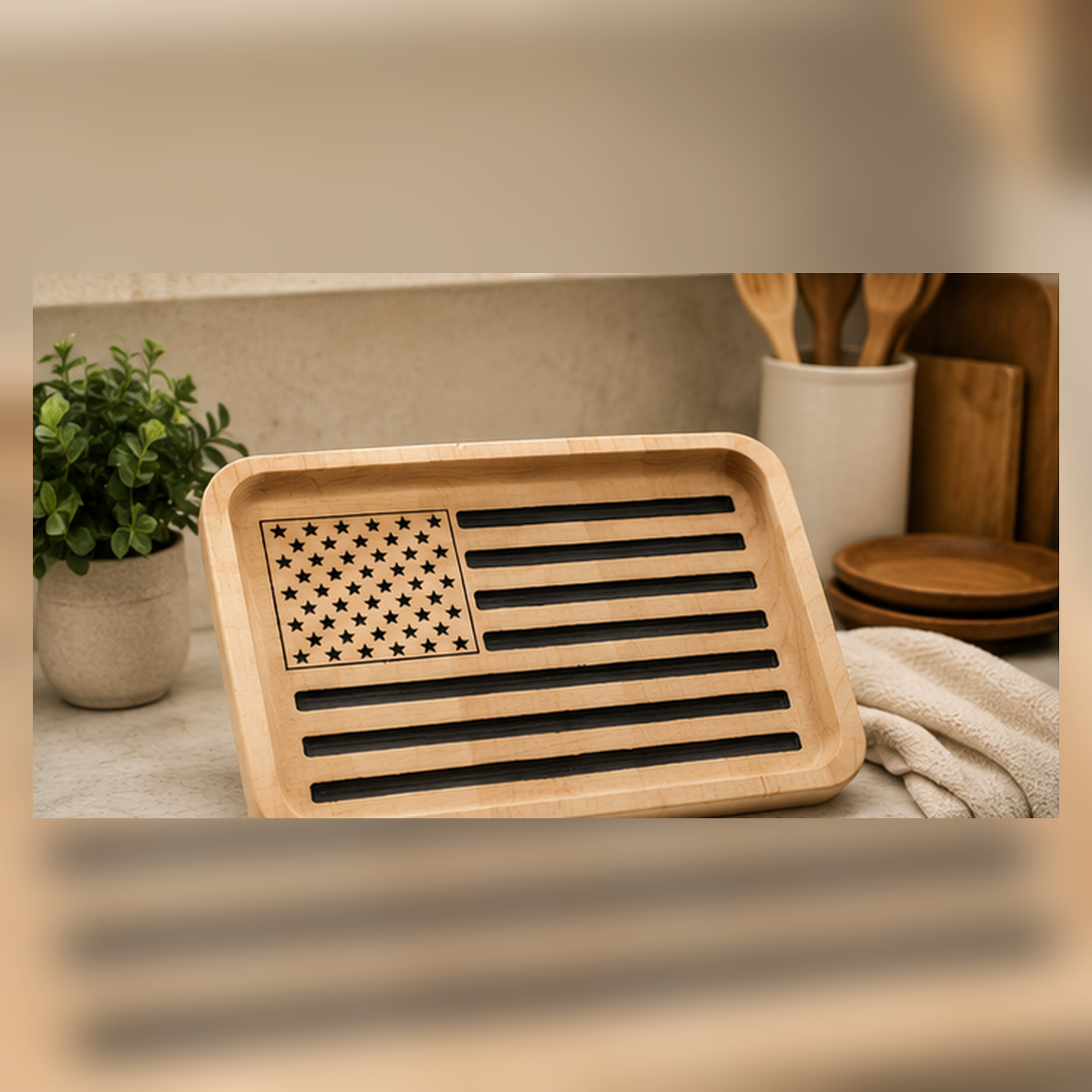 Uncropped kitchen lifestyle photo of patriotic wooden American flag valet tray by Vega Woodwork
