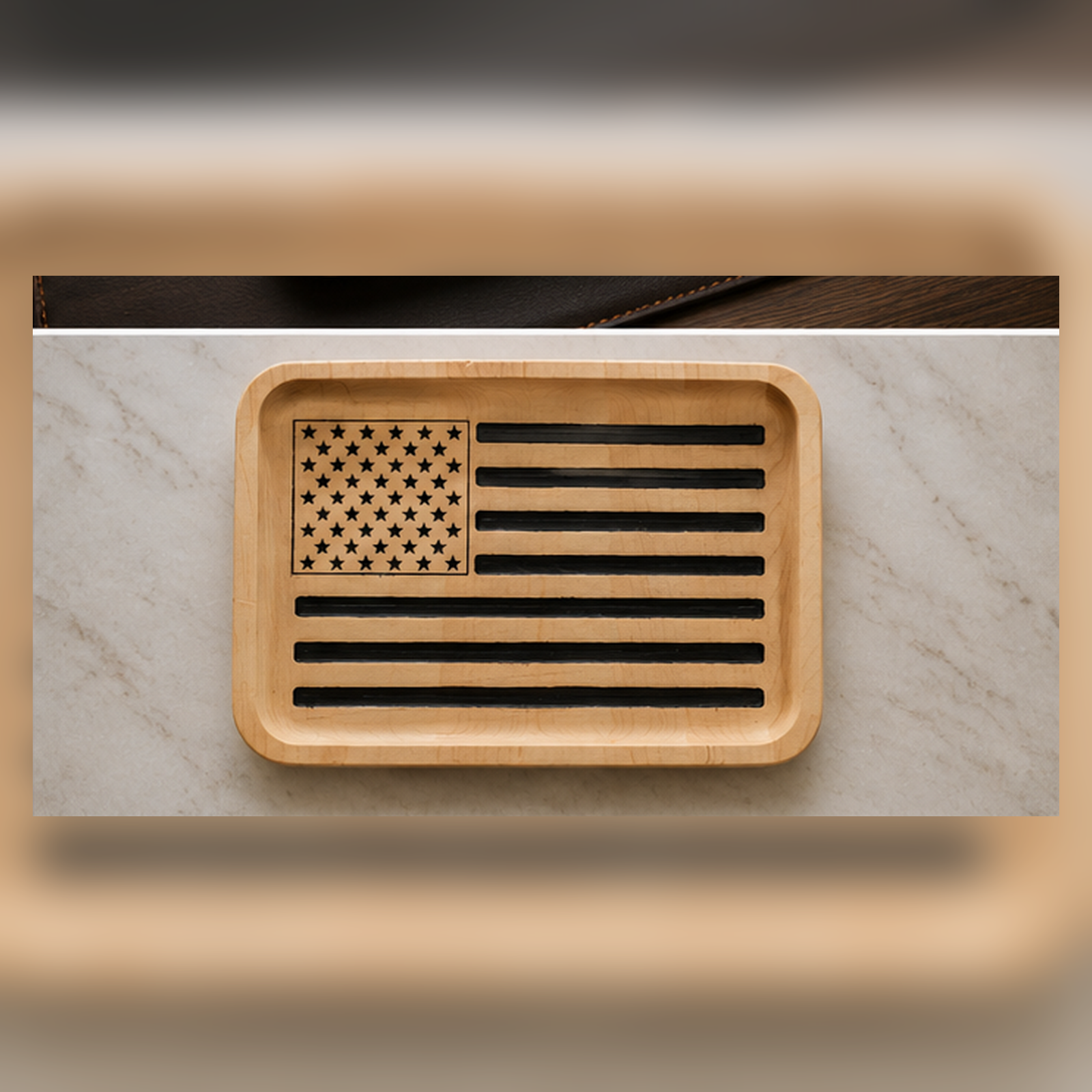 Uncropped top-down product photo of patriotic wooden American flag valet tray by Vega Woodwork
