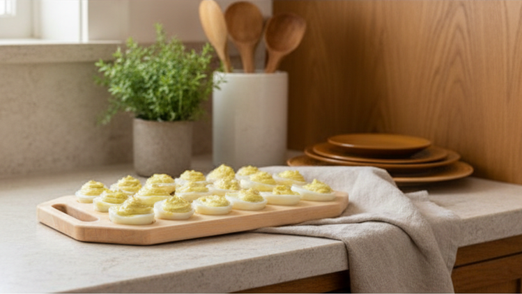 Kitchen lifestyle photo of the 18 count wooden deviled egg tray with handles by Vega Woodwork