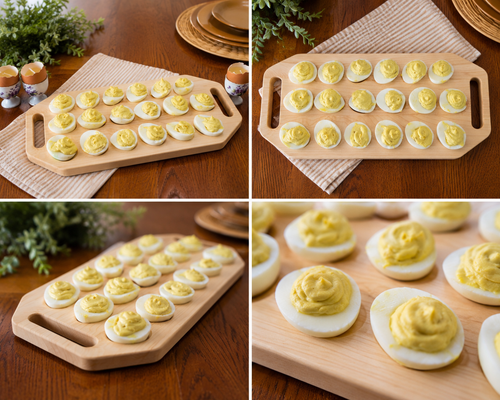Rectangular 18 count wooden deviled egg tray with handles by Vega Woodwork