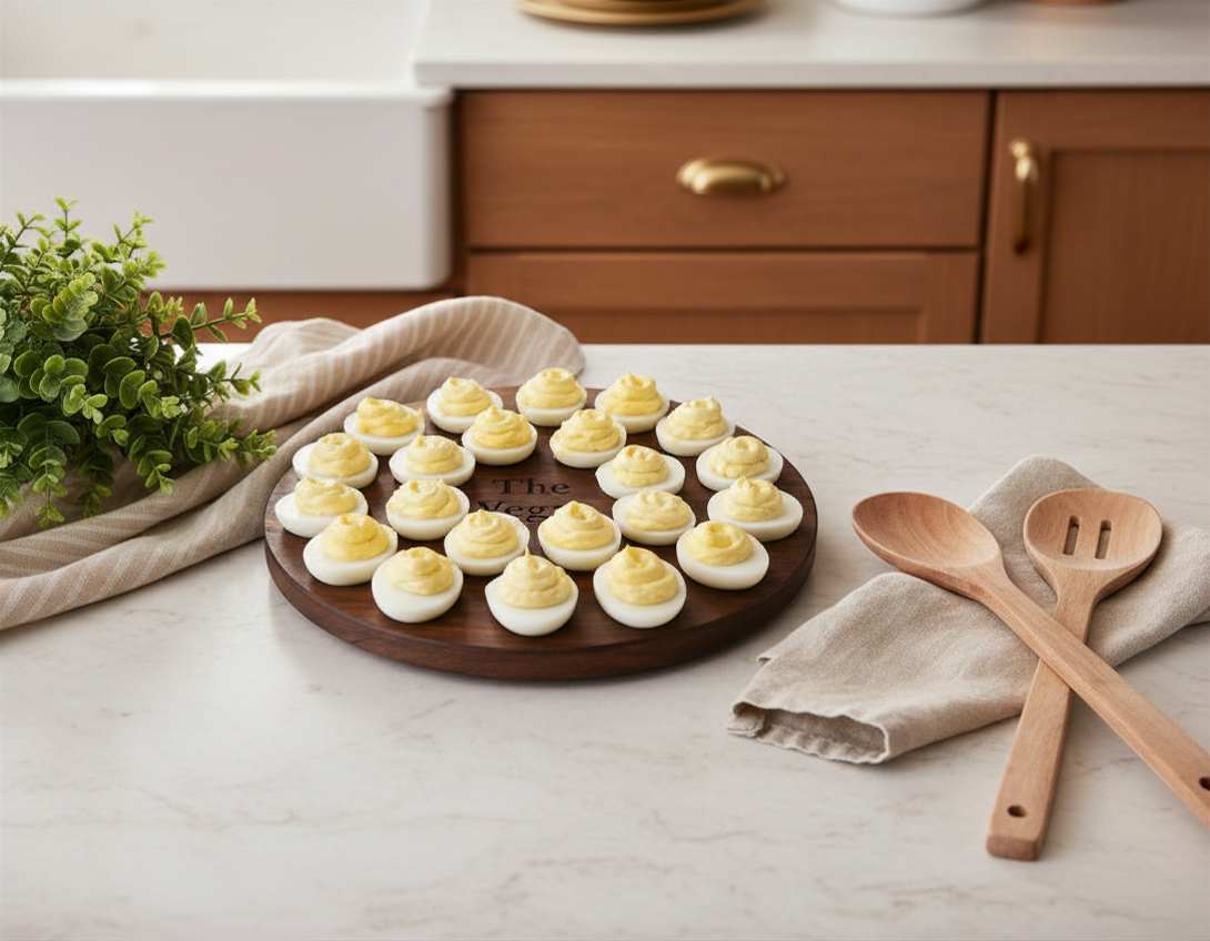 Kitchen lifestyle photo of the 24 count round wooden deviled egg tray by Vega Woodwork