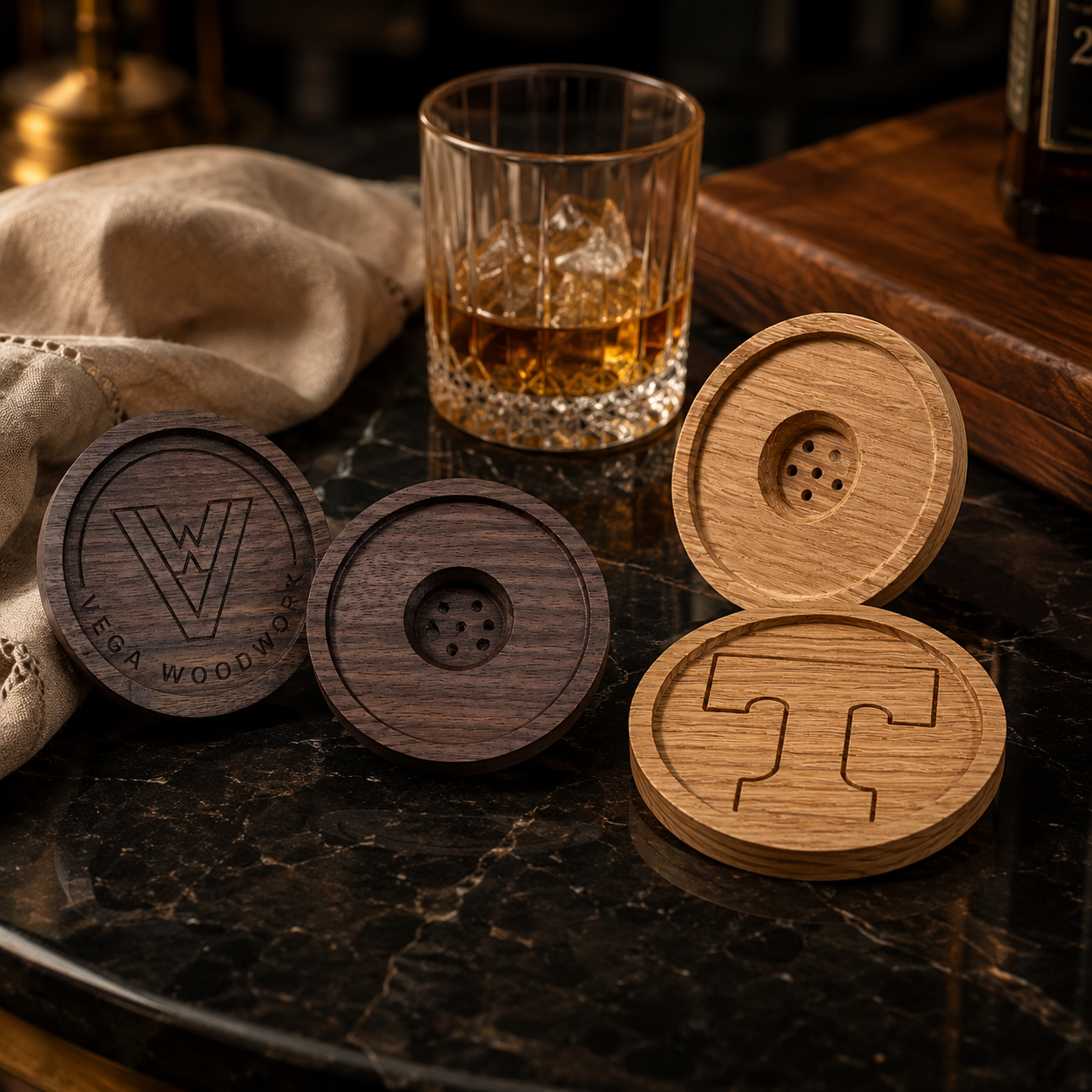 Wooden whiskey smokers staged with whiskey glass by Vega Woodwork